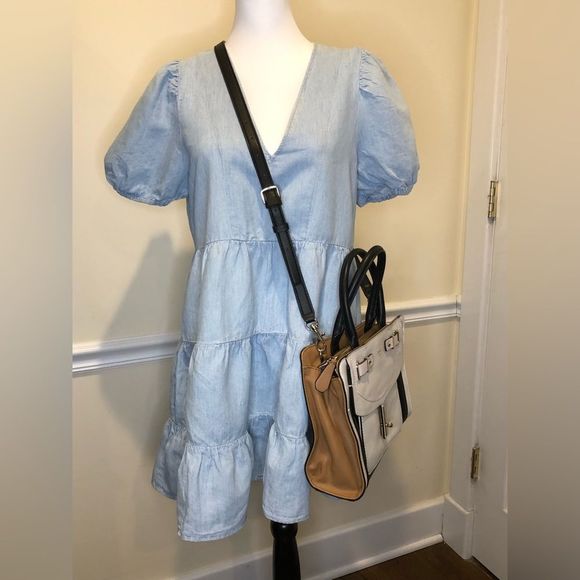 ZARA Blue V-Neck Short Puff Sleeve Babydoll Dress w Tiered Skirt Sz MD - Picture 3 of 16